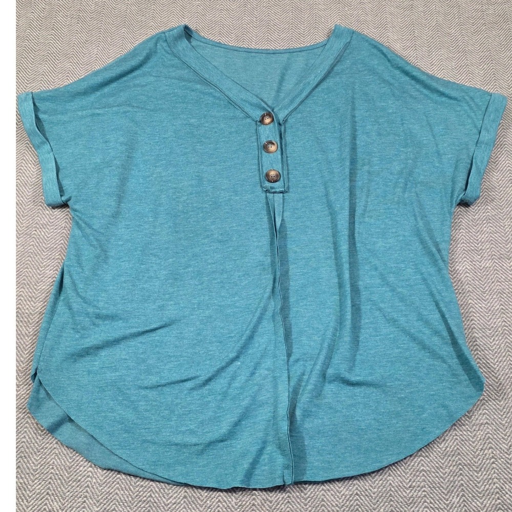Teal Heathered Short Sleeve Henley V-Neck Button Front Pleated Blouse Top